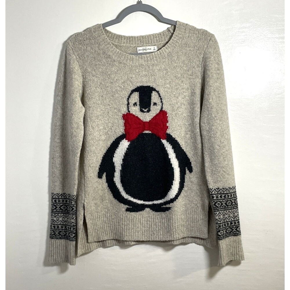 Abercrombie & Fitch Women's Wool Blend Penguin Sweater Beige Crew Neck Small Y2K